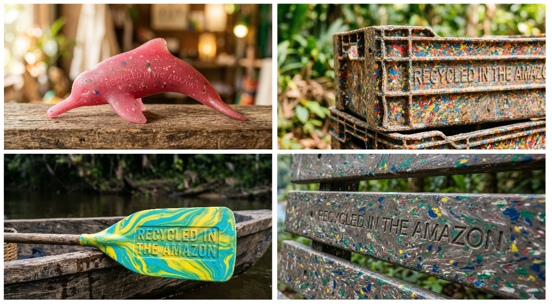 Example products from recycled plastic: A pink river dolphin figurine, storage crates, a canoe paddle and a park bench — all stamped "Recycled in the Amazon"